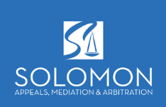 Solomon logo in white lettering on a blue background with an illustration of scales of justice